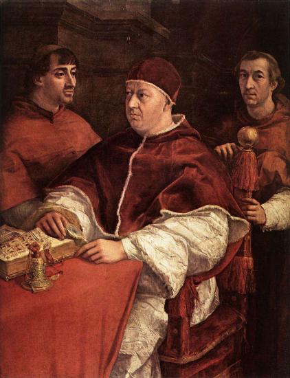 RAFFAELLO-Pope Leo X with Cardinals Giulio de  Medici and Luigi de  Rossi